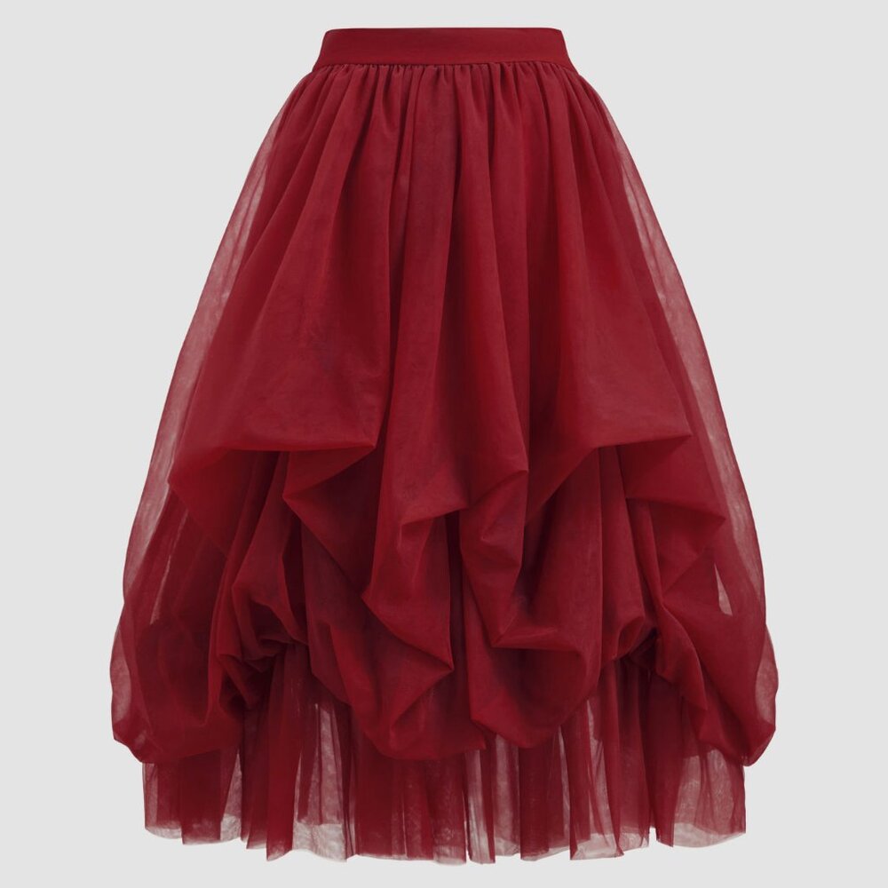 Cider Voluminous Mesh Mid Rise Ruffle Tulle Maxi Skirt